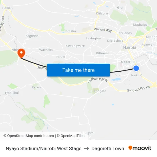Nyayo Stadium/Nairobi West Stage to Dagoretti Town map