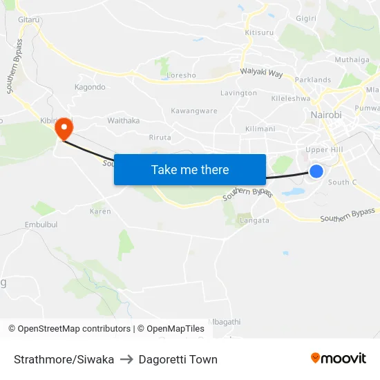 Strathmore/Siwaka to Dagoretti Town map