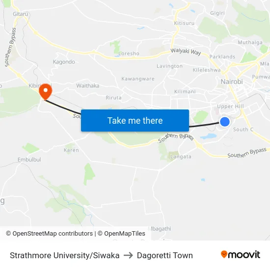 Strathmore University/Siwaka to Dagoretti Town map