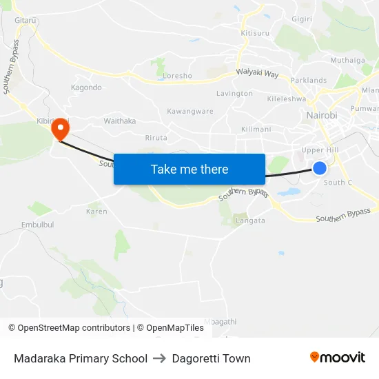 Madaraka Primary School to Dagoretti Town map