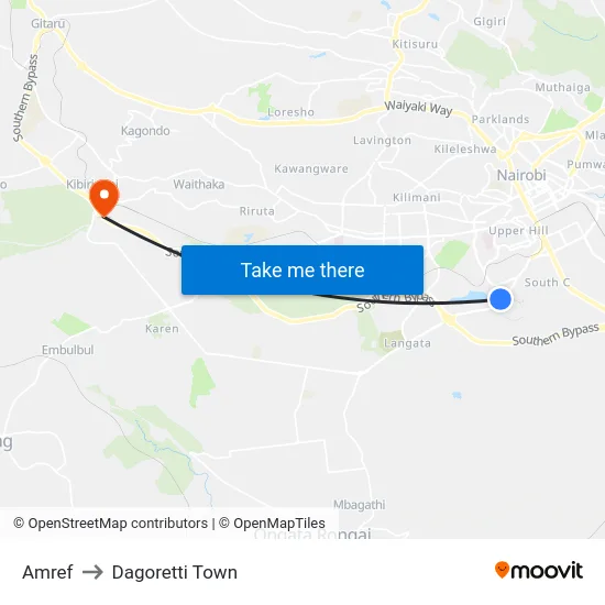 Amref to Dagoretti Town map