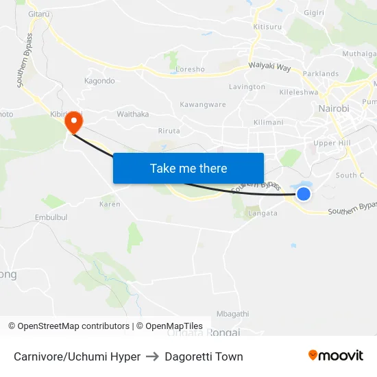 Carnivore/Uchumi Hyper to Dagoretti Town map