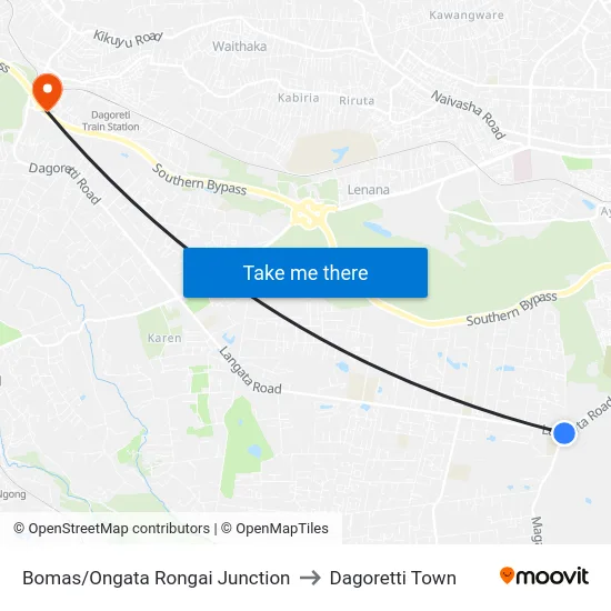 Bomas/Ongata Rongai Junction to Dagoretti Town map