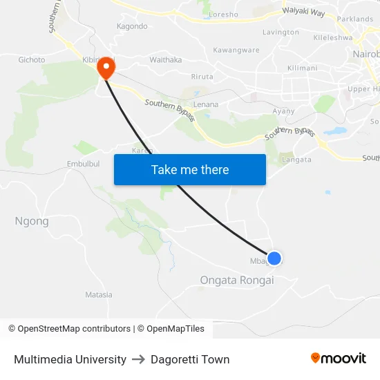 Multimedia University to Dagoretti Town map