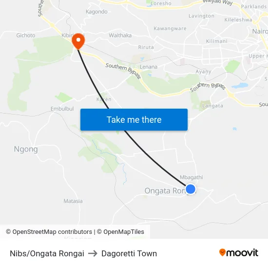 Nibs/Ongata Rongai to Dagoretti Town map