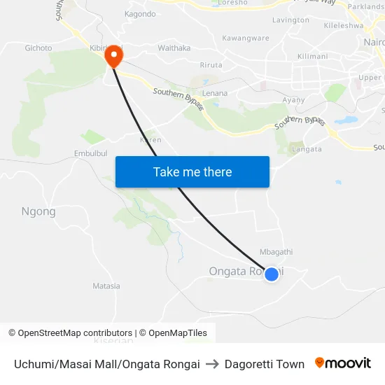 Uchumi/Masai Mall/Ongata Rongai to Dagoretti Town map