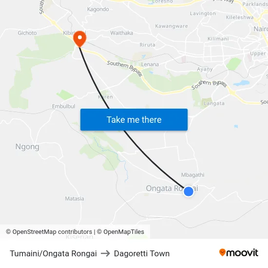Tumaini/Ongata Rongai to Dagoretti Town map