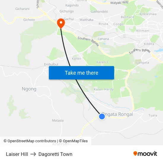 Laiser Hill to Dagoretti Town map
