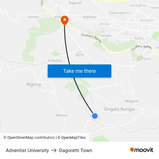 Adventist University to Dagoretti Town map