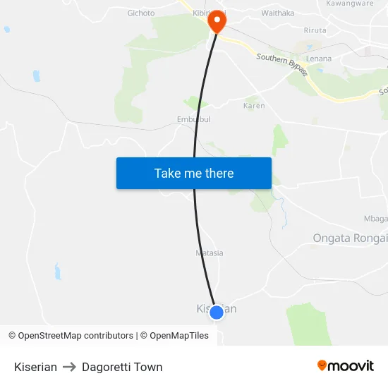 Kiserian to Dagoretti Town map
