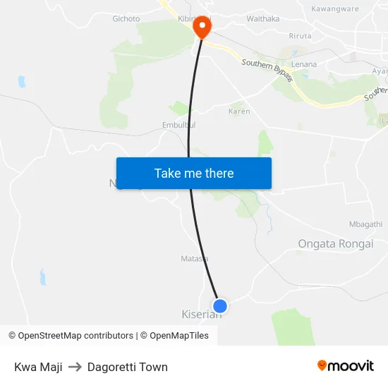 Kwa Maji to Dagoretti Town map