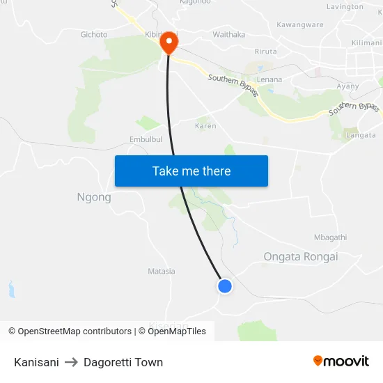 Kanisani to Dagoretti Town map