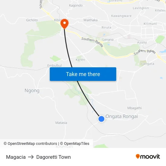 Magacia to Dagoretti Town map