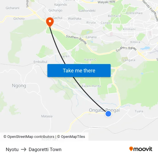 Nyotu to Dagoretti Town map