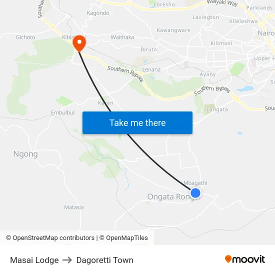 Masai Lodge to Dagoretti Town map