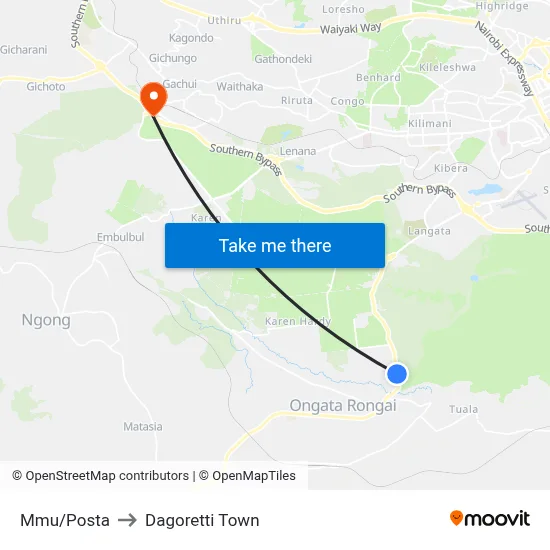 Mmu/Posta to Dagoretti Town map