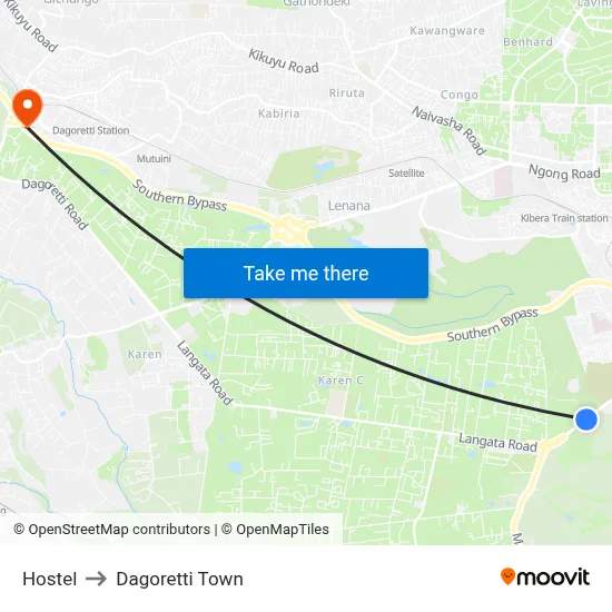 Hostel to Dagoretti Town map