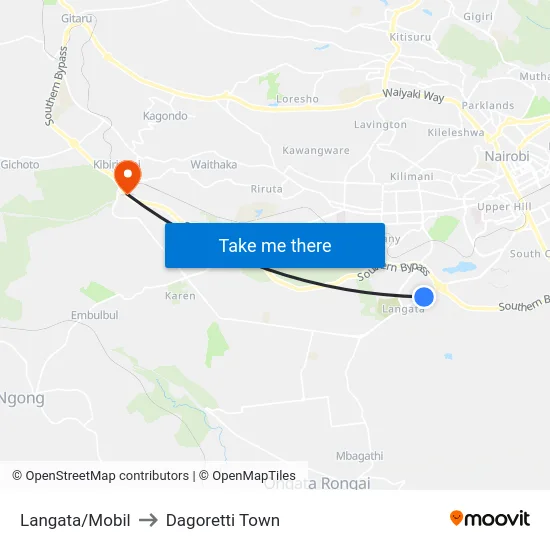 Langata/Mobil to Dagoretti Town map