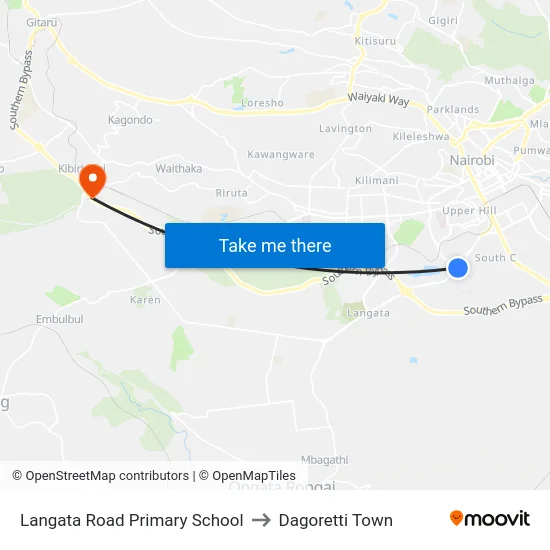 Langata Road Primary School to Dagoretti Town map