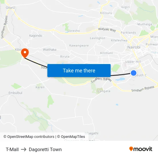 T-Mall to Dagoretti Town map