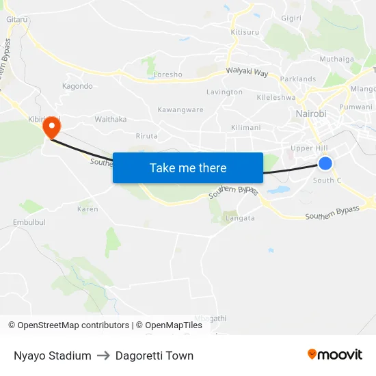 Nyayo Stadium to Dagoretti Town map
