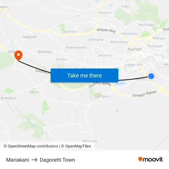 Mariakani to Dagoretti Town map