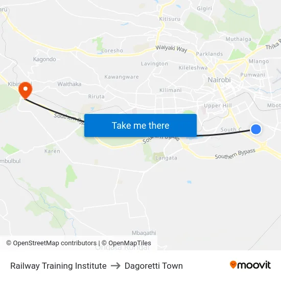 Railway Training Institute to Dagoretti Town map