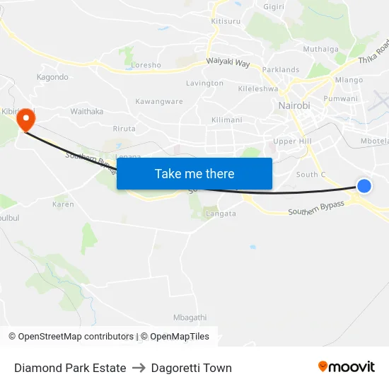 Diamond Park Estate to Dagoretti Town map