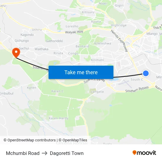 Mchumbi Road to Dagoretti Town map