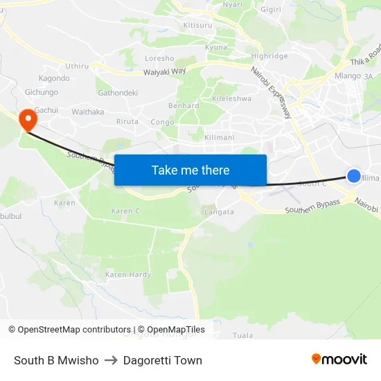 South B Mwisho to Dagoretti Town map