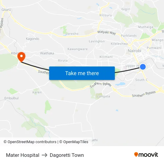 Mater Hospital to Dagoretti Town map