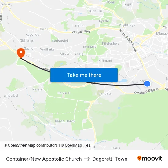 Container/New Apostolic Church to Dagoretti Town map