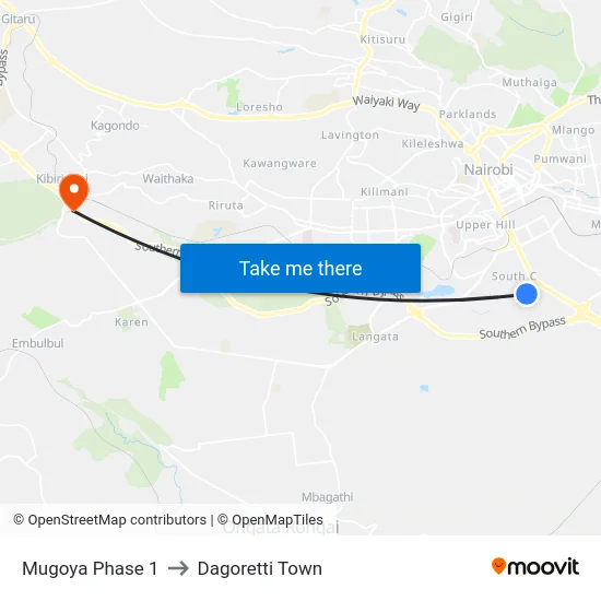 Mugoya Phase 1 to Dagoretti Town map