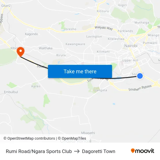 Rumi Road/Ngara Sports Club to Dagoretti Town map