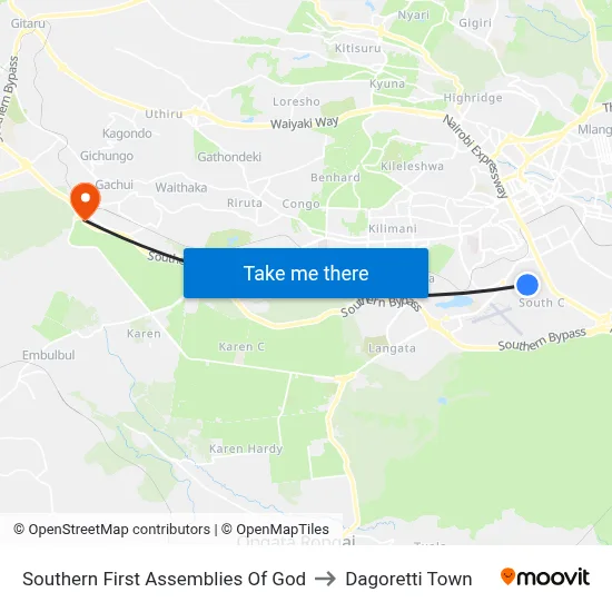 Southern First Assemblies Of God to Dagoretti Town map