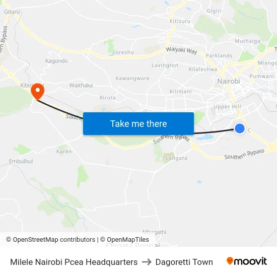 Milele Nairobi Pcea Headquarters to Dagoretti Town map