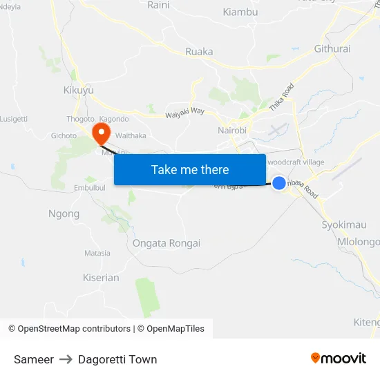 Sameer to Dagoretti Town map