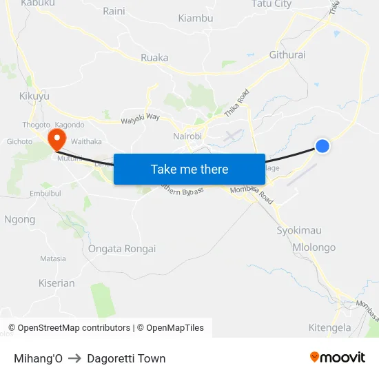 Mihang'O to Dagoretti Town map