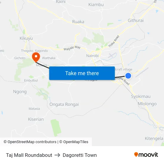 Taj Mall Roundabout to Dagoretti Town map