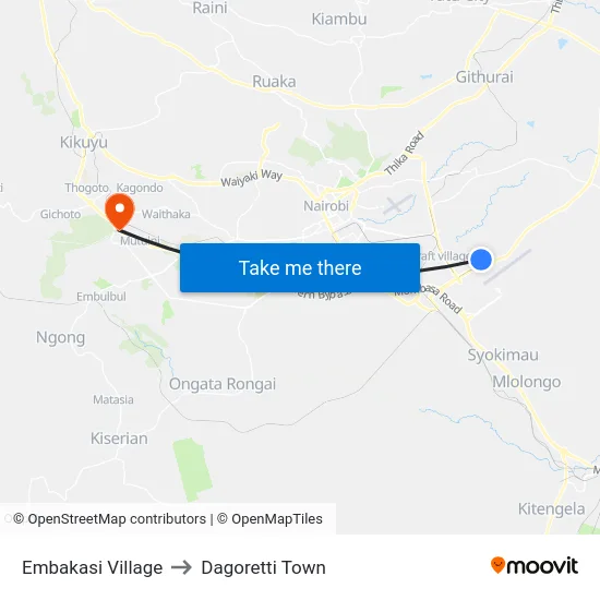 Embakasi Village to Dagoretti Town map