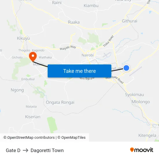 Gate D to Dagoretti Town map