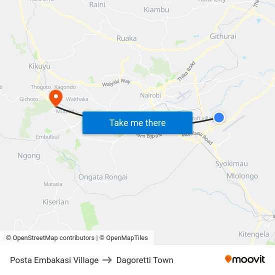 Posta Embakasi Village to Dagoretti Town map
