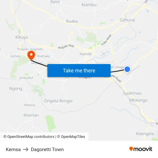 Kemsa to Dagoretti Town map