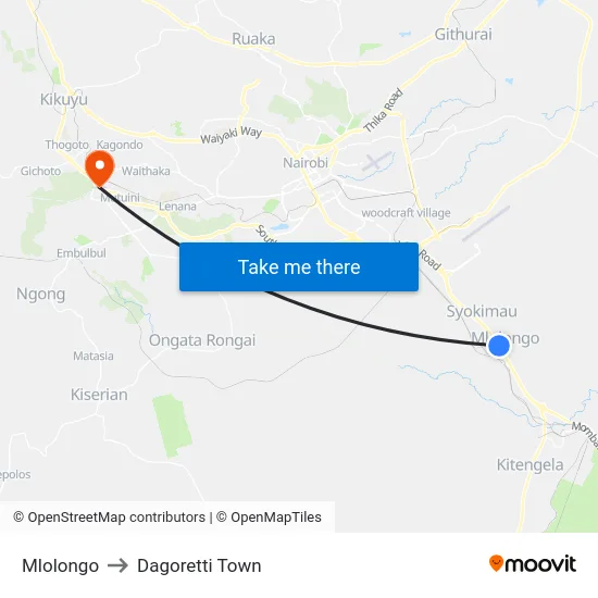 Mlolongo to Dagoretti Town map
