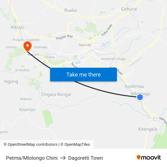 Petma/Mlolongo Chini to Dagoretti Town map