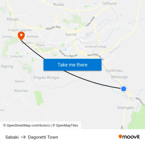 Sabaki to Dagoretti Town map