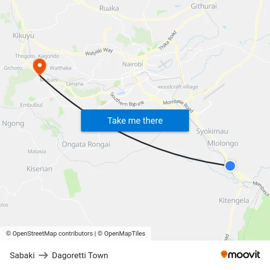 Sabaki to Dagoretti Town map