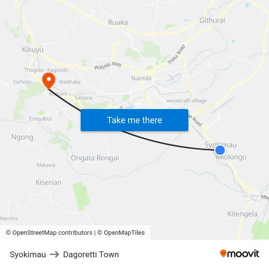 Syokimau to Dagoretti Town map