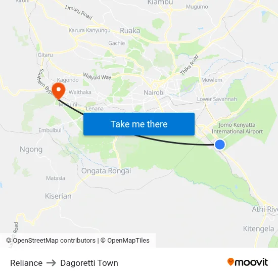 Reliance to Dagoretti Town map