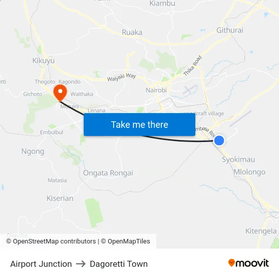 Airport Junction to Dagoretti Town map